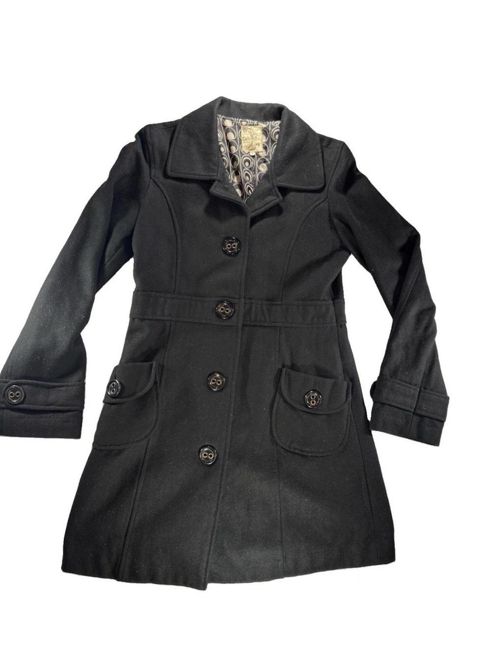 Anthropologie Tulle Black Wool blend Longline Button Peacoat Winter Coat SZ- L